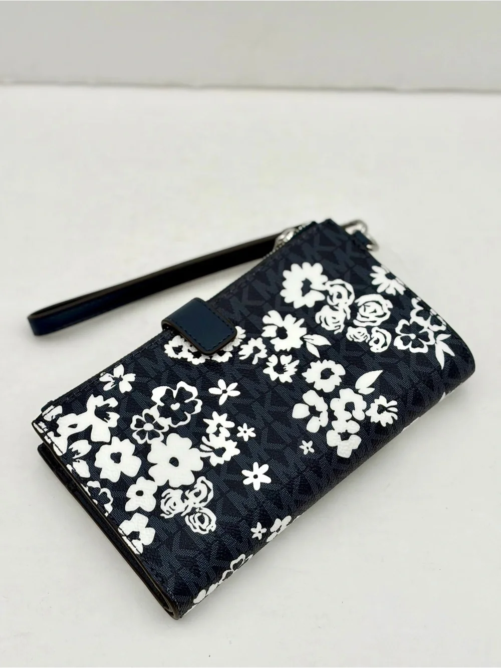 Michael Kors Navy Blue Floral Logo Wristlet Clutch